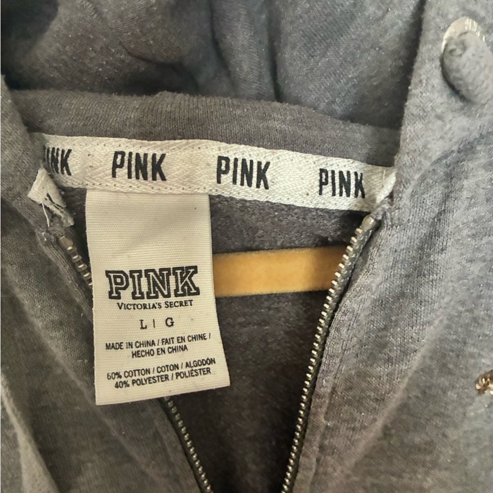 PINK by Victoria’s Secret Zip Up Hoodie Size Large Gray Sequin Logo - Picture 3 of 4